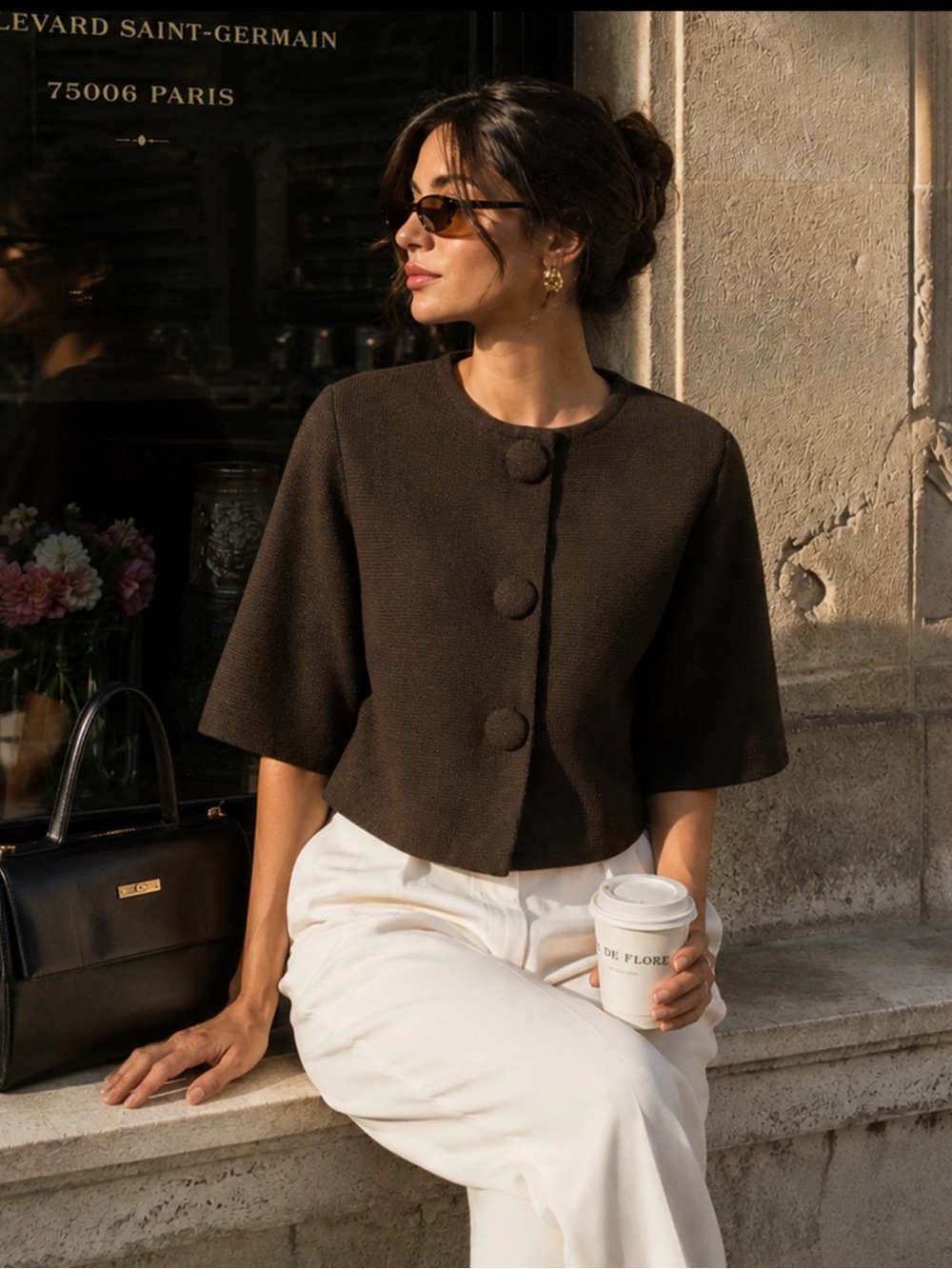 Commense Dark Brown Half Sleeve Cropped Button-Front Jacket / Cardigan